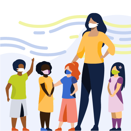 Illustration of female teacher and four young students wearing brightly colored clothes and face masks
