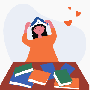 Drawing of woman surrounded by books looking overwhelmed