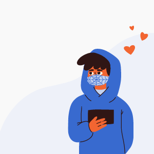 Graphic of teenager in hoodie with facemask looking at smartphone