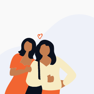 Flat art of a woman and teen girl standing arm-in-arm