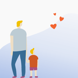 Flat art of man and boy holding hands with a blue wave and red love-hearts in the background