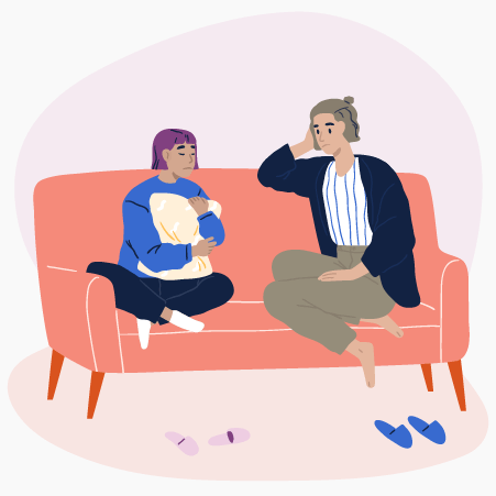 Illustration of adult and teenager having a serious discussion on a couch