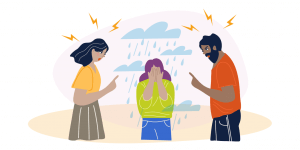 Illustration of a man and a woman reprimanding a teenage girl