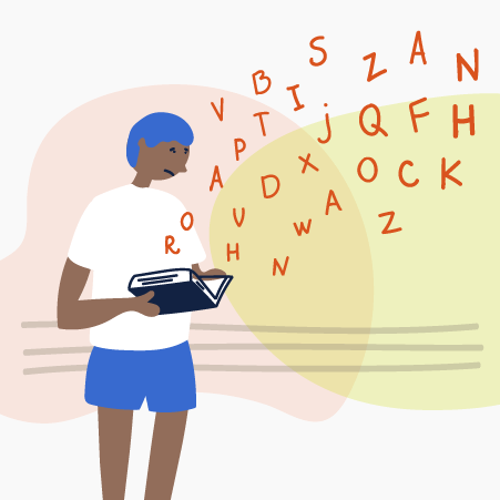 Illustration of a child reading surrounded by letters