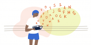 Illustration of a child reading surrounded by letters