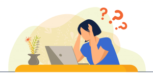 Illustration of confused student looking at laptop