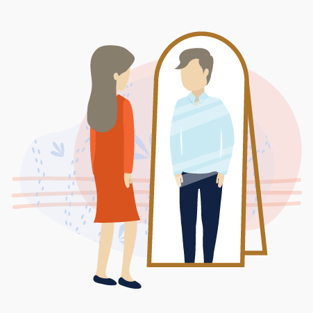 Illustration of a woman looking in the mirror and seeing a male reflection