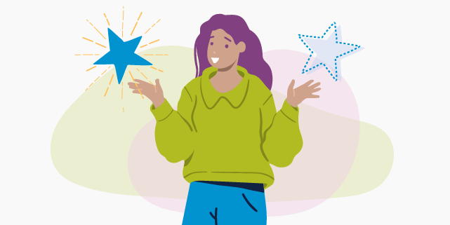 Illustration of a young woman with a blue star in each hand