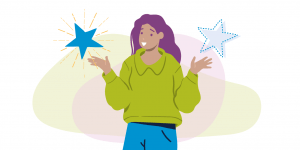 Illustration of a young woman with a blue star in each hand