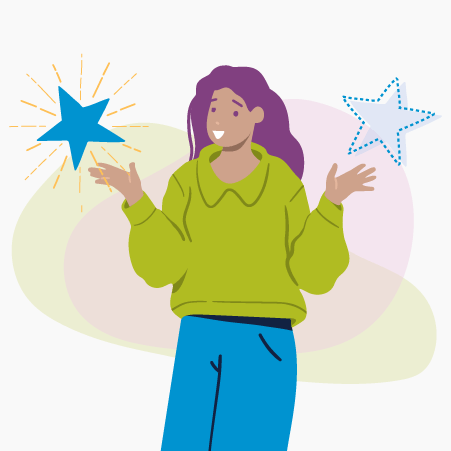 Illustration of a young woman with a blue star in each hand