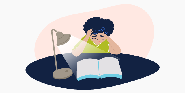 Illustration of a young person with a distressed expression studying at a desk