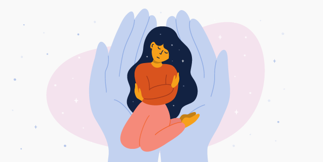 Illustration of a girl hugging herself while being held in a large pair of cupped hands