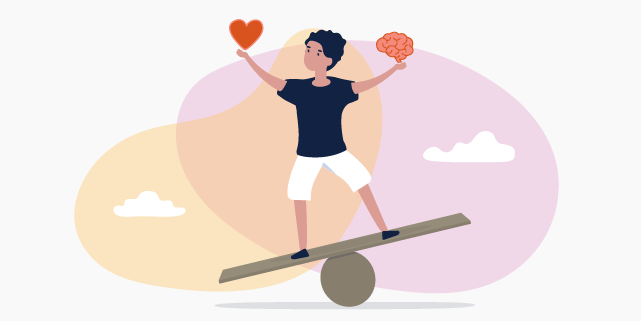 Illustration of young person on seesaw with a heart in one hand and a brain in the other
