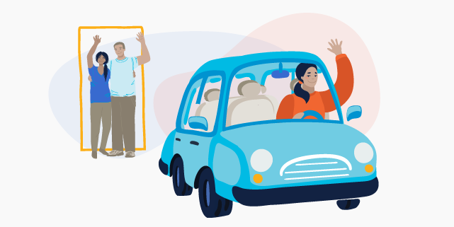 Illustration of a teenage girl driving a car away and waving as her parents wave at her