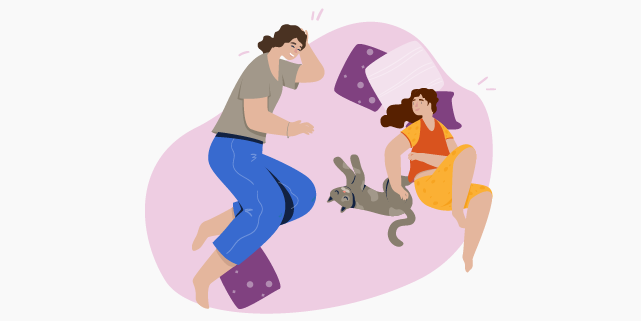 Illustration of a woman and a girl chatting casually. The girl is petting a cat.