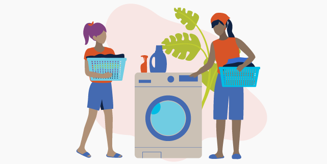 Illustration of woman and girl doing laundry together