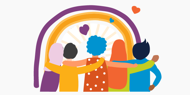 Illustration of diverse group of 5 people hugging and facing a rainbow