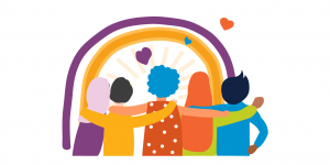 Illustration of diverse group of 5 people hugging and facing a rainbow