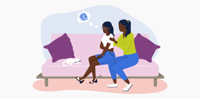 Illustration of a woman comforting a teenage girl who looks upset while they sit on a sofa