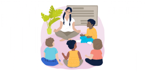 Illustration of a woman and four children sitting on the ground meditating