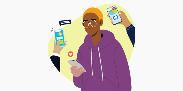 Illustration of a young person with short hair looking at their cellphone while surrounded by hands holding cellphones
