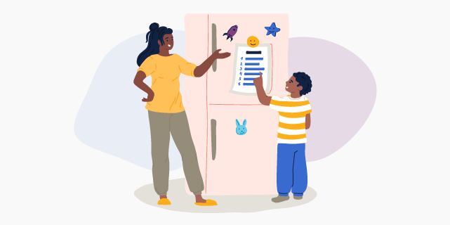 Illustration of a woman and a boy discussing a to-do list posted on a fridge