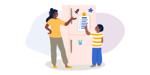 Illustration of a woman and a boy discussing a to-do list posted on a fridge