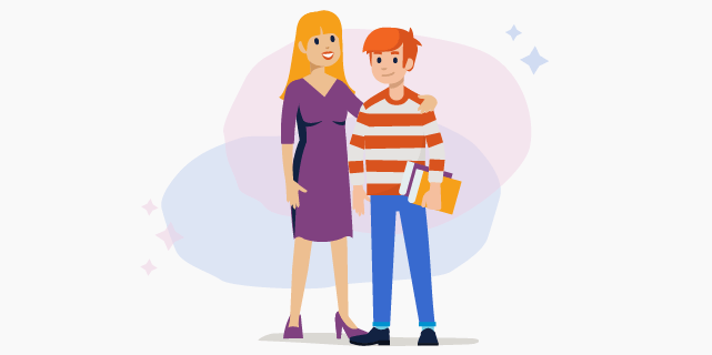 Illustration of a woman smiling with her arm proudly around a teenage boy who is holding some books