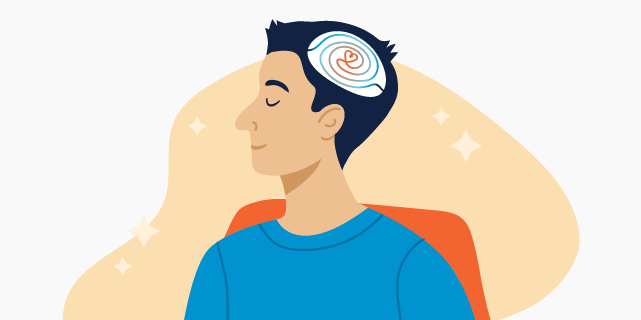 Illustration of a young man with an image of a spiral, with a heart at its center, inside his head