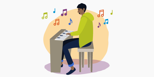 Illustration of a teenage boy playing piano