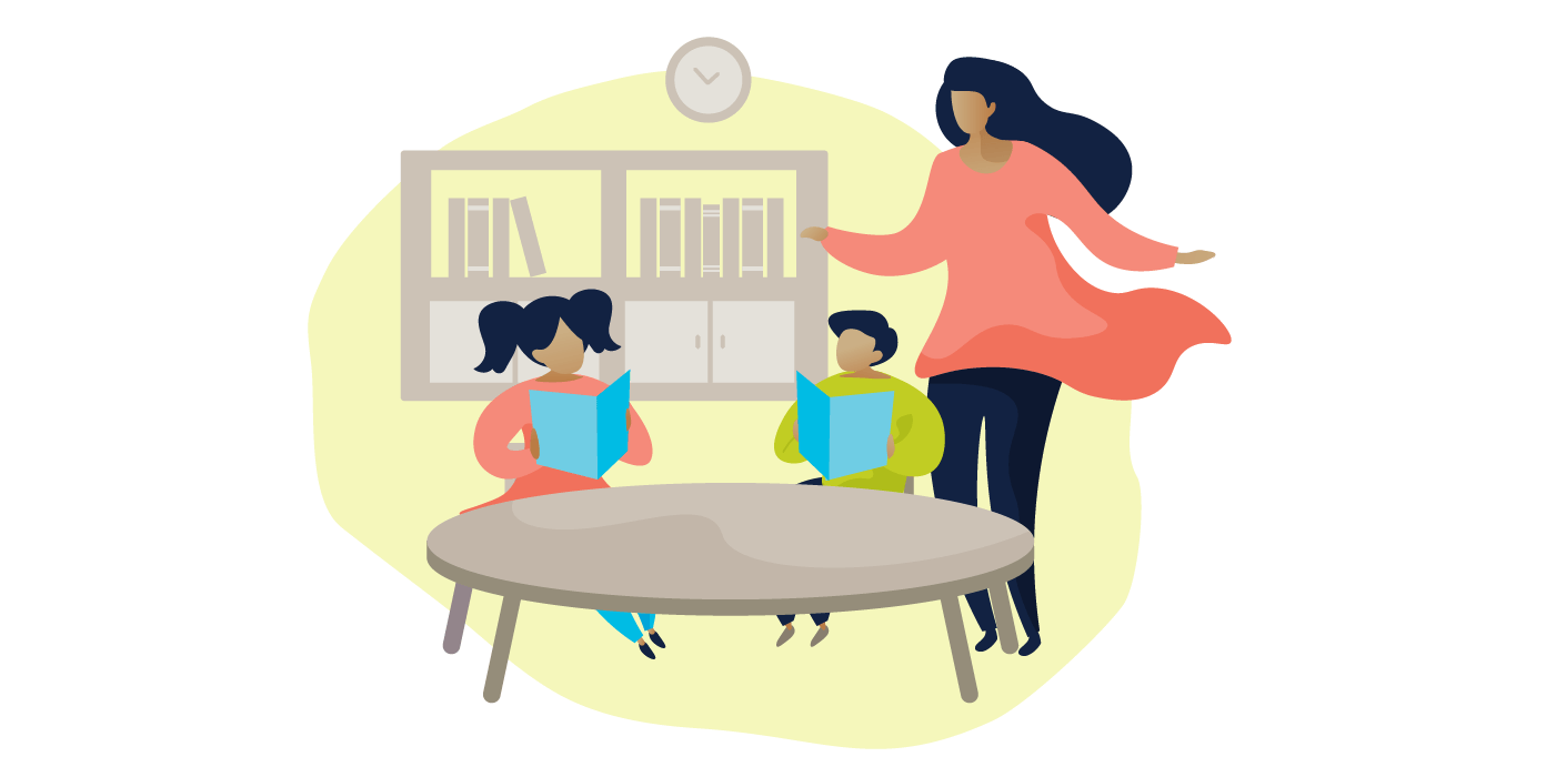 Illustration of two small children and a female teacher in a classroom