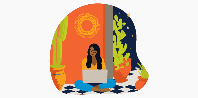 Illustration of a woman sitting and working on her laptop in a tropical environment